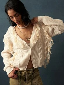 Bohemela Sweater Wanita dengan Hiasan Renda dan Rumbai, Warna Krem Putih, Gaya Musim Gugur Romantis Elegan Vintage. - Aprikot - View 5
