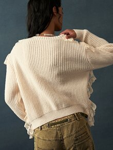 Bohemela Sweater Wanita dengan Hiasan Renda dan Rumbai, Warna Krem Putih, Gaya Musim Gugur Romantis Elegan Vintage. - Aprikot - View 7