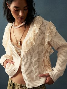 Bohemela Sweater Wanita dengan Hiasan Renda dan Rumbai, Warna Krem Putih, Gaya Musim Gugur Romantis Elegan Vintage. - Aprikot - View 1