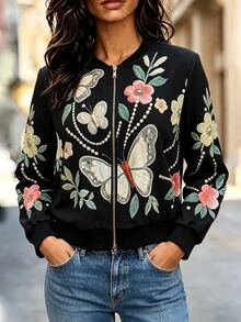 Linhara CURVE Jaket Kasual Serbaguna Wanita Ukuran Besar Motif Bunga dengan Resleting untuk Sehari-hari di Musim Gugur - Hitam - View 4