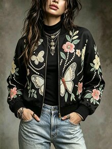Linhara CURVE Jaket Kasual Serbaguna Wanita Ukuran Besar Motif Bunga dengan Resleting untuk Sehari-hari di Musim Gugur - Hitam - View 1