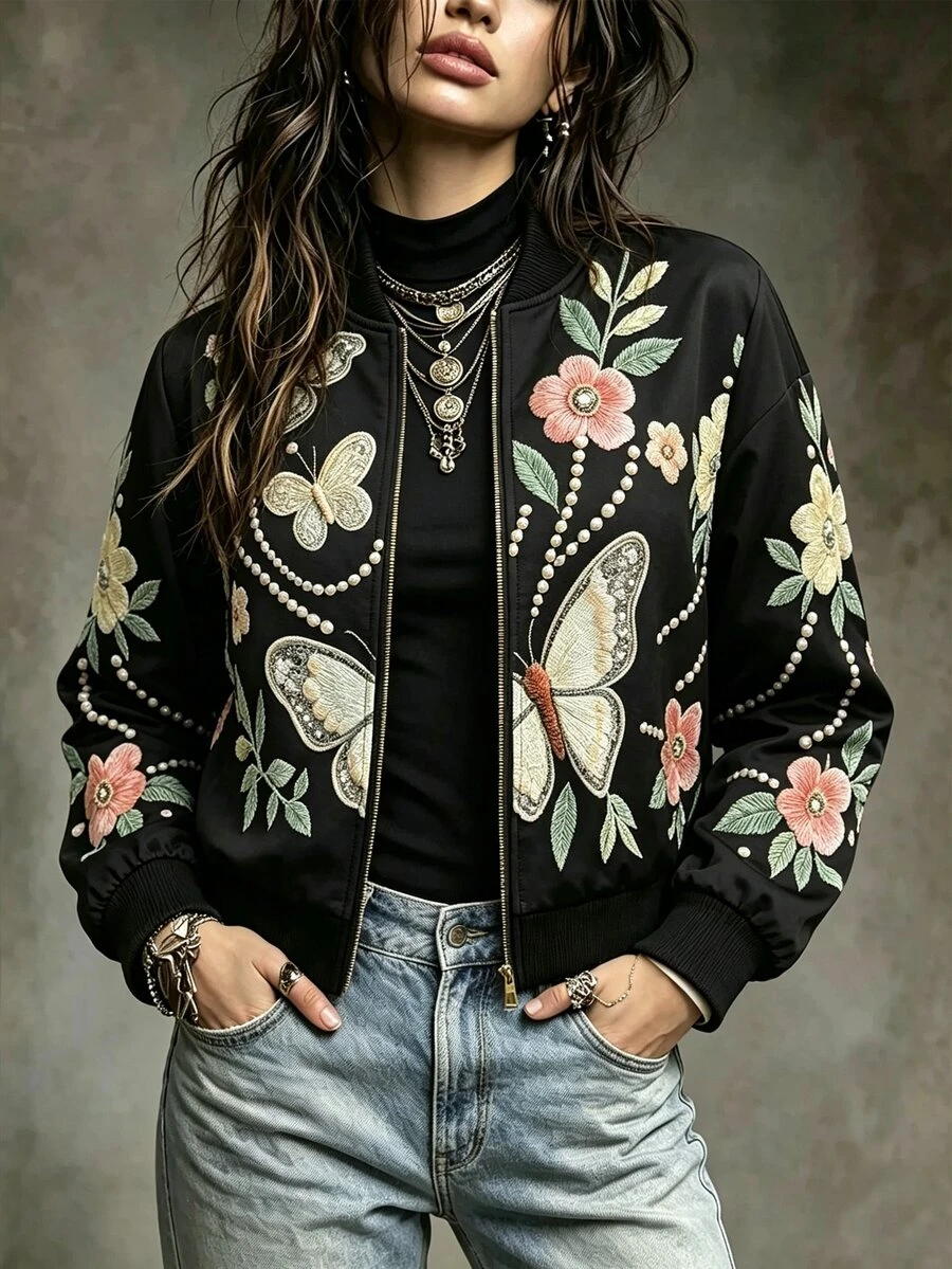 Linhara CURVE Jaket Kasual Serbaguna Wanita Ukuran Besar Motif Bunga dengan Resleting untuk Sehari-hari di Musim Gugur - Hitam - View 1