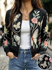 Linhara CURVE Jaket Kasual Serbaguna Wanita Ukuran Besar Motif Bunga dengan Resleting untuk Sehari-hari di Musim Gugur - Hitam - View 3