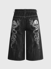 ROMWE Grunge Punk 暗黑龐克大尺碼女款牛仔短褲 骷髏印花寬腿七分褲 街頭搖滾風萬聖節穿搭 - 黑色 - 查看 5