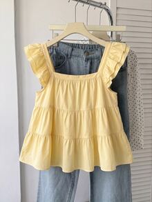 Teen Girl Spring Summer Yellow Fresh Woven Striped Casual Cute Vacation Umbrella Hem Multi-Layered Doll Style Tank Top Outfit Beach Formal - Multicolor - View 4
