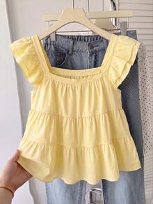Teen Girl Spring Summer Yellow Fresh Woven Striped Casual Cute Vacation Umbrella Hem Multi-Layered Doll Style Tank Top Outfit Beach Formal - Multicolor - View 2