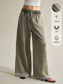 SHEIN Women's Solid Color Wide Leg Pants With Lace Trim - Army Green - View 2
