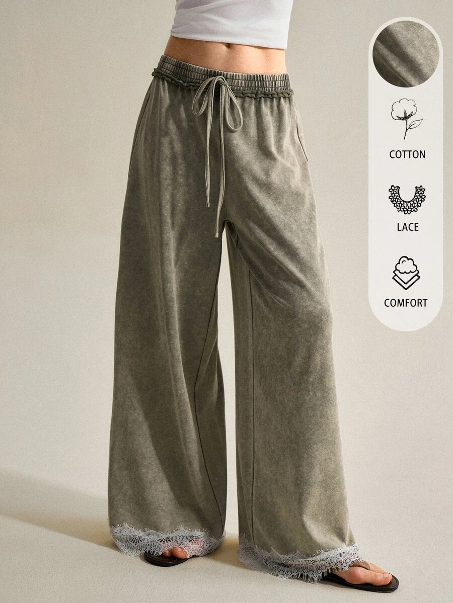 SHEIN Women's Solid Color Wide Leg Pants With Lace Trim