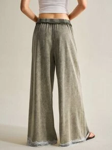 SHEIN Women's Solid Color Wide Leg Pants With Lace Trim - Army Green - View 3