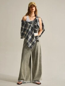 SHEIN Women's Solid Color Wide Leg Pants With Lace Trim - Army Green - View 4