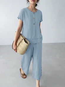 SHEIN LUNE Women's Textured Comfortable Button-Up Shirt With Layered Hem And Casual Cropped Pants 2 Pieces Set Dusty Blue Summer Vacation - Blue - View 4