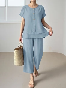 SHEIN LUNE Women's Textured Comfortable Button-Up Shirt With Layered Hem And Casual Cropped Pants 2 Pieces Set Dusty Blue Summer Vacation - Blue - View 8