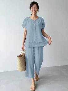 SHEIN LUNE Women's Textured Comfortable Button-Up Shirt With Layered Hem And Casual Cropped Pants 2 Pieces Set Dusty Blue Summer Vacation - Blue - View 2