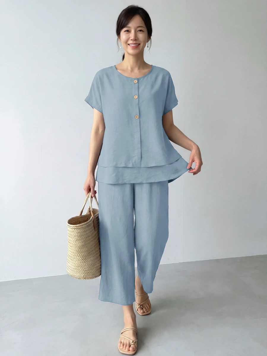 SHEIN LUNE Women's Textured Comfortable Button-Up Shirt With Layered Hem And Casual Cropped Pants 2 Pieces Set Dusty Blue Summer Vacation