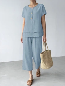 SHEIN LUNE Women's Textured Comfortable Button-Up Shirt With Layered Hem And Casual Cropped Pants 2 Pieces Set Dusty Blue Summer Vacation - Blue - View 6