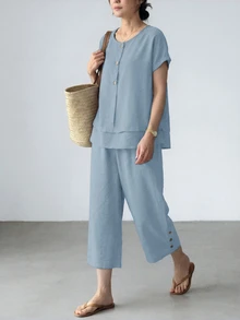 SHEIN LUNE Women's Textured Comfortable Button-Up Shirt With Layered Hem And Casual Cropped Pants 2 Pieces Set Dusty Blue Summer Vacation - Blue - View 7