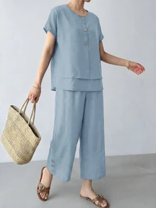 SHEIN LUNE Women's Textured Comfortable Button-Up Shirt With Layered Hem And Casual Cropped Pants 2 Pieces Set Dusty Blue Summer Vacation - Blue - View 5