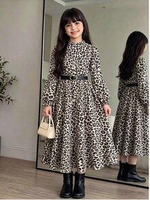 少女款垂墜高領泡泡長袖中長 A 字洋裝，附腰帶，優雅素色秋季派對米色洋裝 - 卡其色 - 查看 6