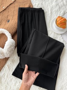 Comfortcana Plus Size Women Solid Color Casual Daily Wear Suit Pants - Black - View 10
