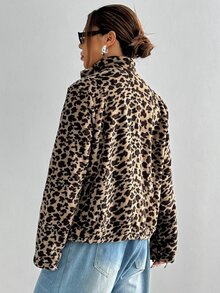 Flirla Jaket Wanita Musim Gugur Musim Dingin Lengan Panjang Kerah Tegak Modis Bolak-balik Motif Leopard Berbulu untuk Musim Gugur - MultiWarna - View 2