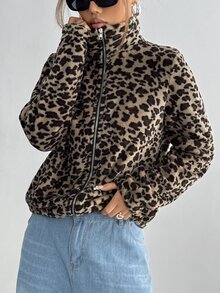 Flirla Jaket Wanita Musim Gugur Musim Dingin Lengan Panjang Kerah Tegak Modis Bolak-balik Motif Leopard Berbulu untuk Musim Gugur - MultiWarna - View 6