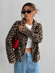 Flirla Jaket Wanita Musim Gugur Musim Dingin Lengan Panjang Kerah Tegak Modis Bolak-balik Motif Leopard Berbulu untuk Musim Gugur - MultiWarna - View 4