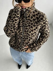 Flirla Jaket Wanita Musim Gugur Musim Dingin Lengan Panjang Kerah Tegak Modis Bolak-balik Motif Leopard Berbulu untuk Musim Gugur - MultiWarna - View 1