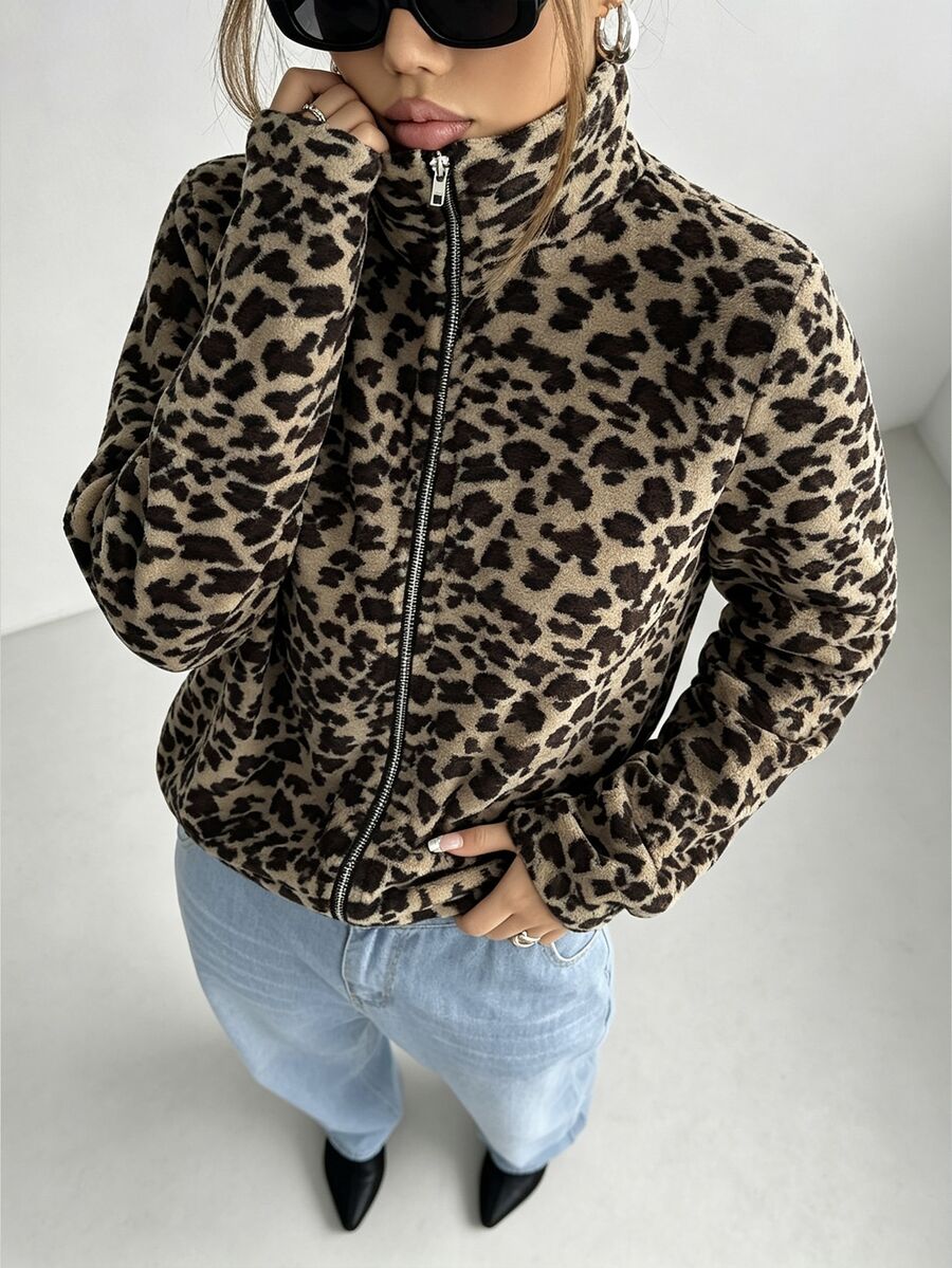 Flirla Women's Autumn Winter Stand Collar Long Sleeve Fashionable Reversible Leopard Print Fluffy Jacket Fall Cloth For Women - Multicolor - View 1