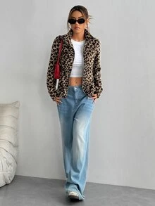 Flirla Jaket Wanita Musim Gugur Musim Dingin Lengan Panjang Kerah Tegak Modis Bolak-balik Motif Leopard Berbulu untuk Musim Gugur - MultiWarna - View 5