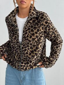 Flirla Jaket Wanita Musim Gugur Musim Dingin Lengan Panjang Kerah Tegak Modis Bolak-balik Motif Leopard Berbulu untuk Musim Gugur - MultiWarna - View 3
