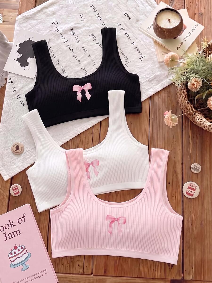 Teen Girls Simple Fashionable Pure White, Black, And Grey 3-Color Combination Comfortable 3 PiecesTank Top Underwear Set Autumn Fall