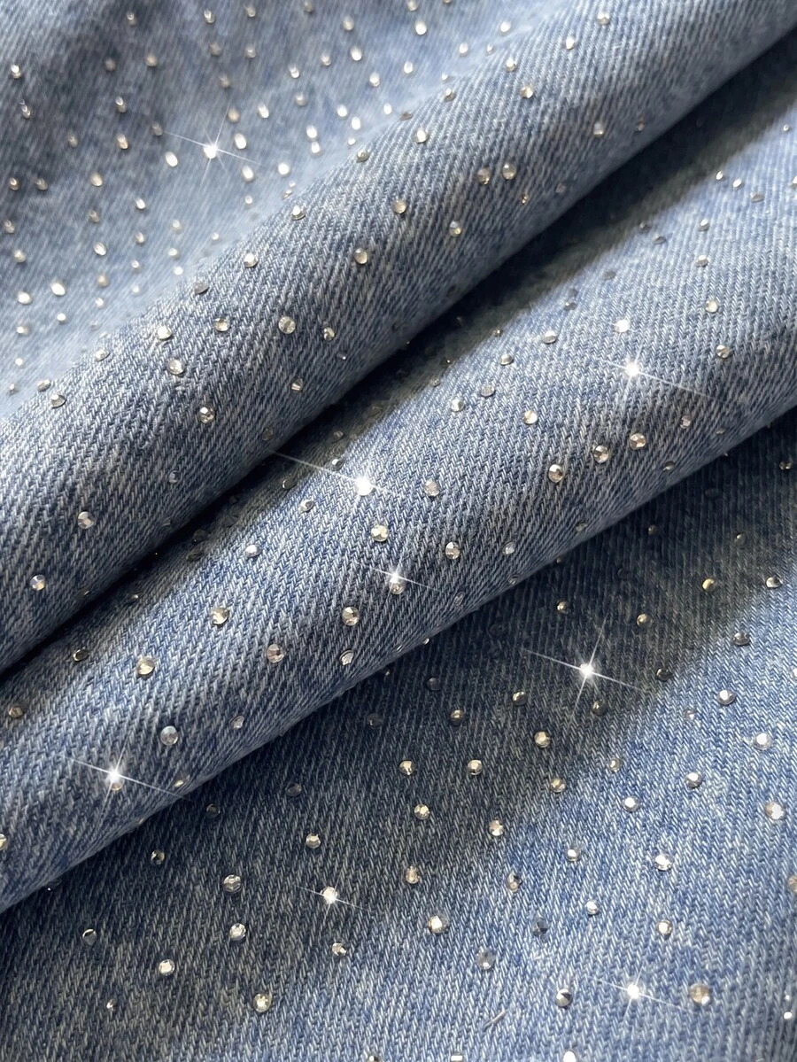 SHEIN Kids Tween Girl Girls' Loose Blue Denim Long Pants With Shiny Rhinestone Embellishments - Blue - View 1