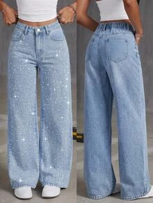 SHEIN Kids Tween Girl Girls' Loose Blue Denim Long Pants With Shiny Rhinestone Embellishments - Blue - View 2