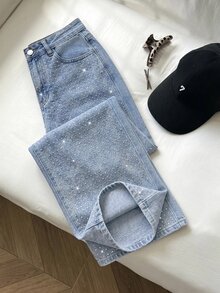 SHEIN Kids Tween Girl Girls' Loose Blue Denim Long Pants With Shiny Rhinestone Embellishments - Blue - View 6