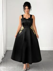 Rometta Plus Size Floral Appliques Flare Hem Cami Dress Halloween - Black - View 10