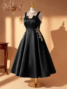 Rometta Plus Size Floral Appliques Flare Hem Cami Dress Halloween - Black - View 6