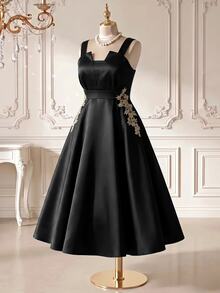 Rometta Plus Size Floral Appliques Flare Hem Cami Dress Halloween - Black - View 7