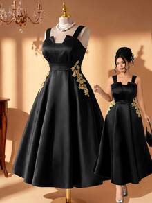 Rometta Plus Size Floral Appliques Flare Hem Cami Dress Halloween - Black - View 1