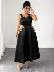 Rometta Plus Size Floral Appliques Flare Hem Cami Dress Halloween - Black - View 11