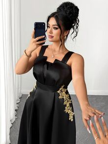 Rometta Plus Size Floral Appliques Flare Hem Cami Dress Halloween - Black - View 9