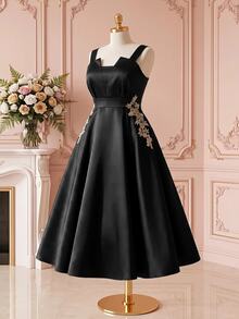 Rometta Plus Size Floral Appliques Flare Hem Cami Dress Halloween - Black - View 8