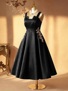 Rometta Plus Size Floral Appliques Flare Hem Cami Dress Halloween - Black - View 4