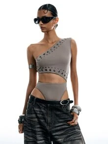 LYSMO Women's Solid Color Rivet Design Hollow Out One Shoulder Sleeveless Sexy Bodysuit - Light Grey - View 1