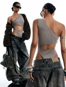 LYSMO Women's Solid Color Rivet Design Hollow Out One Shoulder Sleeveless Sexy Bodysuit - Light Grey - View 5