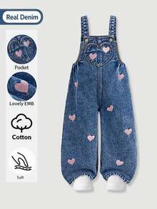 SHEIN Young Girl Girls' Pink Heart Embroidered Pattern Dark Blue Denim Loose Overalls - Medium Wash - View 6