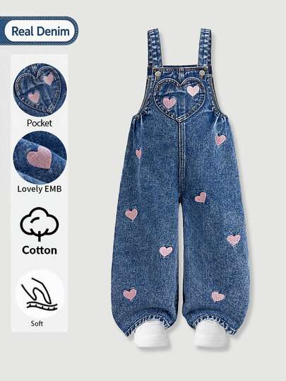SHEIN Girls' Pink Heart Embroidered Pattern Dark Blue Denim Loose Overalls