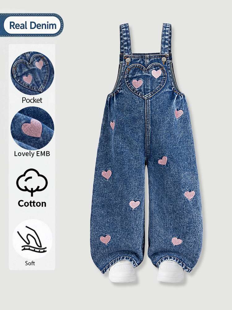 SHEIN Girls' Pink Heart Embroidered Pattern Dark Blue Denim Loose Overalls - Medium Wash - View 6