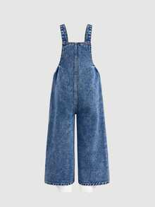 SHEIN Young Girl Girls' Pink Heart Embroidered Pattern Dark Blue Denim Loose Overalls - Medium Wash - View 2