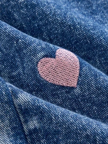 SHEIN Young Girl Girls' Pink Heart Embroidered Pattern Dark Blue Denim Loose Overalls - Medium Wash - View 5