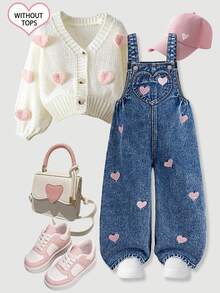 SHEIN Young Girl Girls' Pink Heart Embroidered Pattern Dark Blue Denim Loose Overalls - Medium Wash - View 3